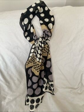 Adrienne Vittadini Black, White & Gold Polka Dot Silk Scarf